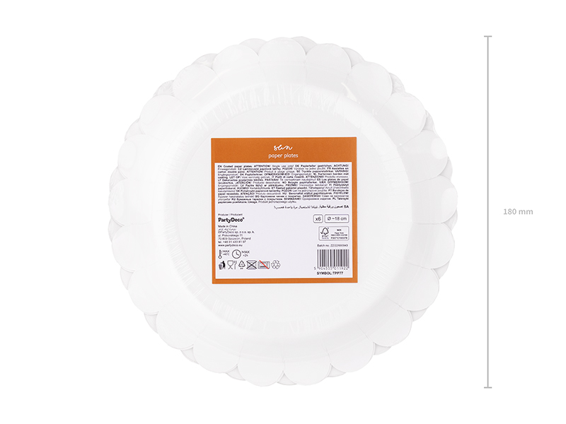 Prato descartável de papel branco com etiqueta laranja atrás