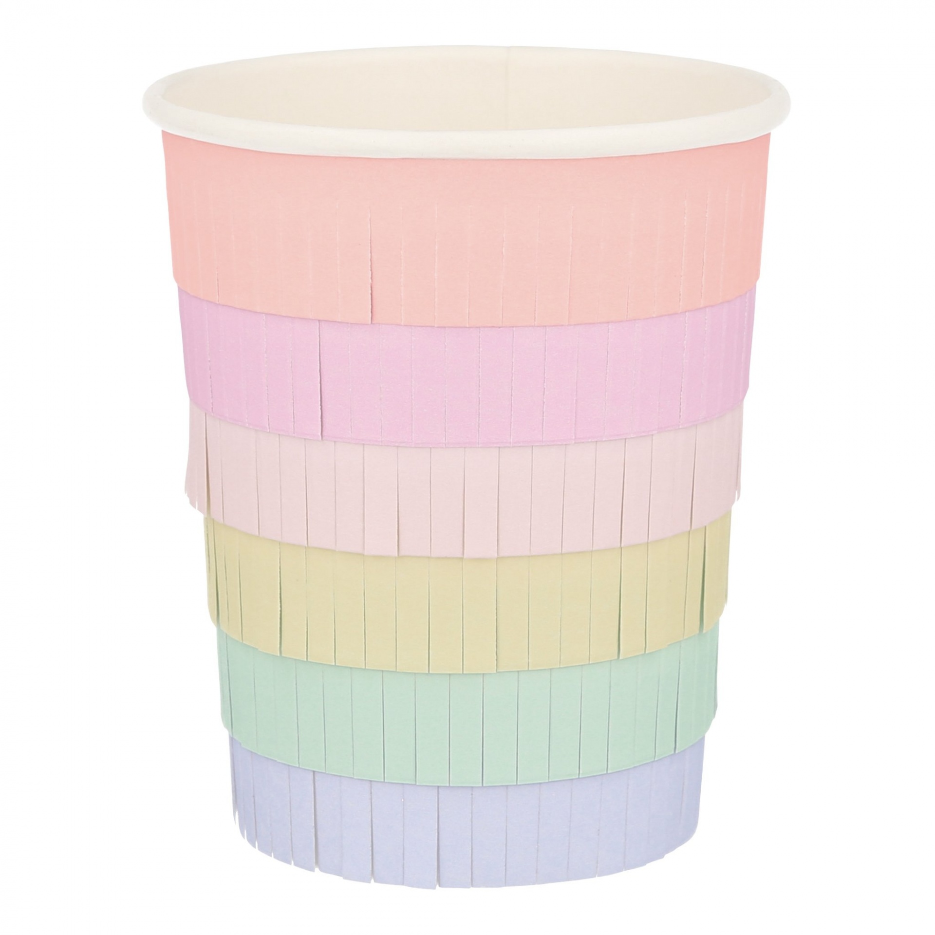 Copo descartável de papel em cinco cores pastéis empilhadas