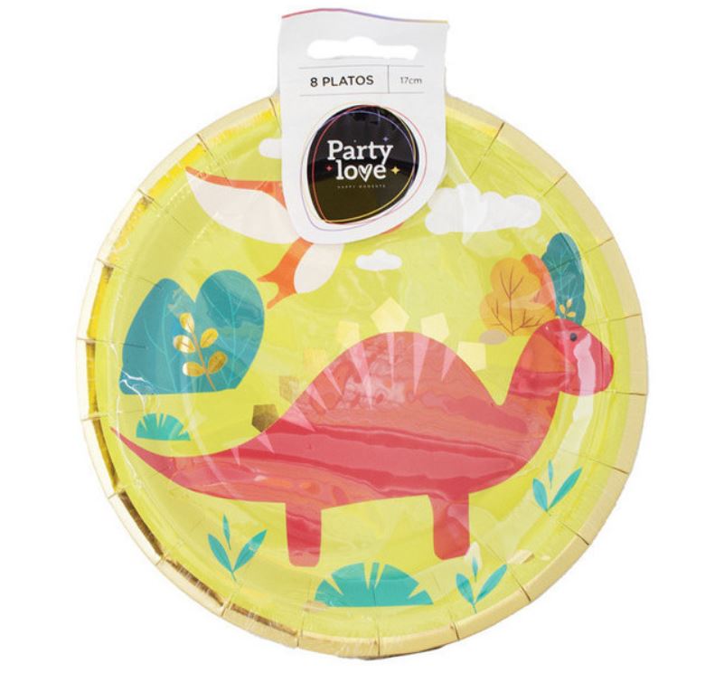 Pratos descartáveis amarelos com dinossauro cor-de-rosa e elementos coloridos