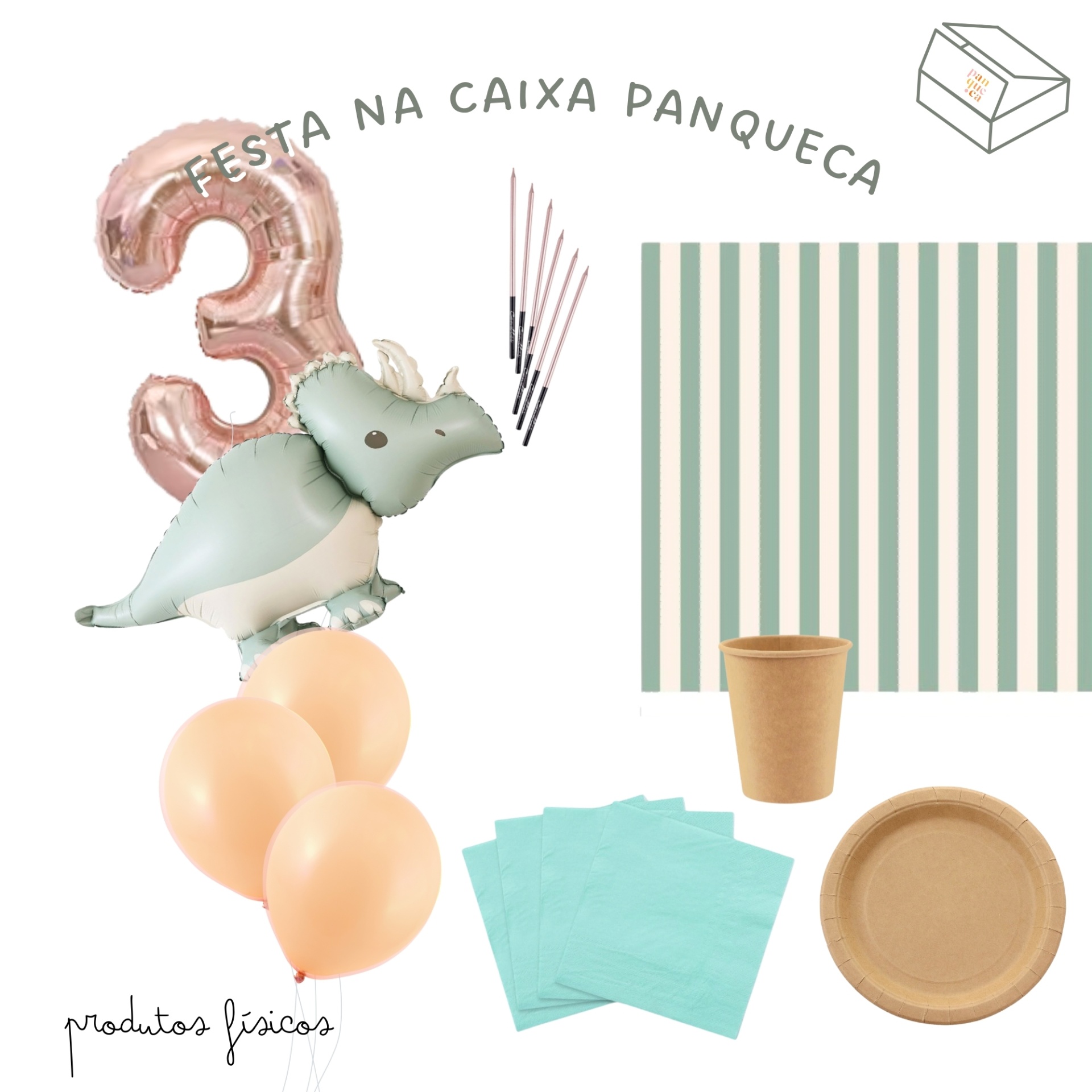 Conjunto de decoração de festa com balões e acessórios em tons pastéis.