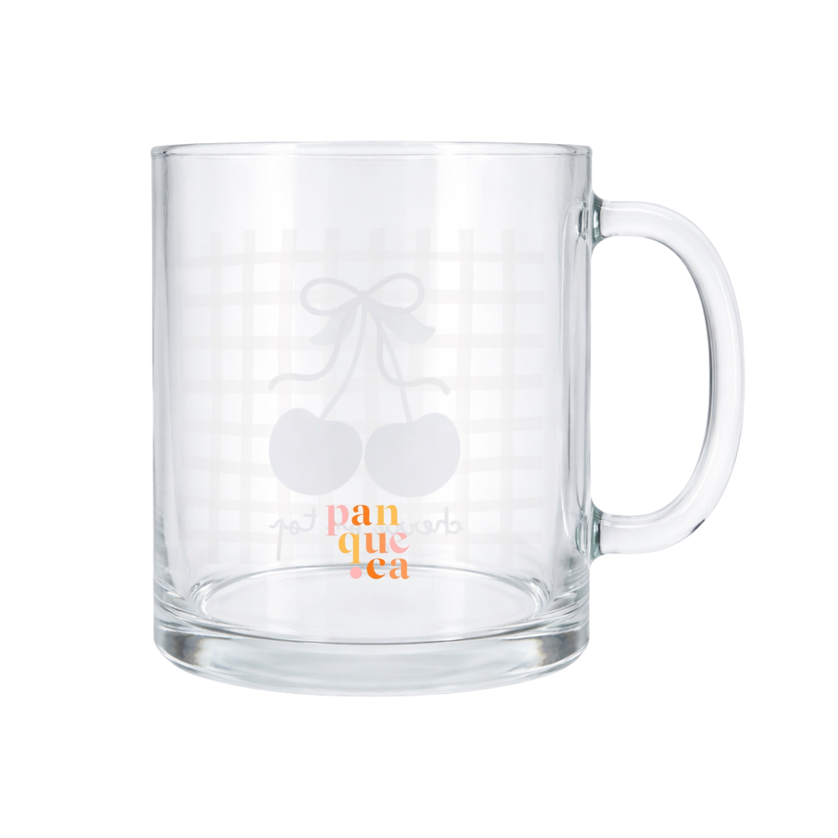 Caneca de vidro transparente com corações e texto colorido