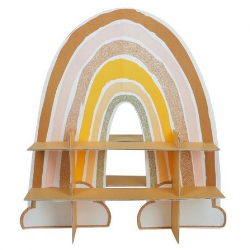 Estante arco-íris em cartão com várias cores e prateleiras