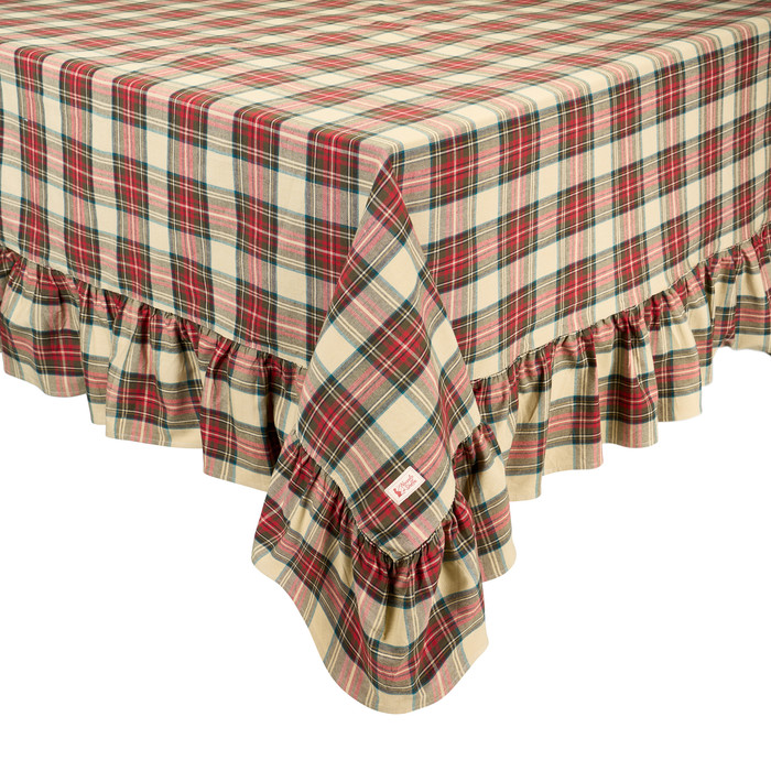 toalha de mesa xadrez creme vermelho verde com bainha franzida