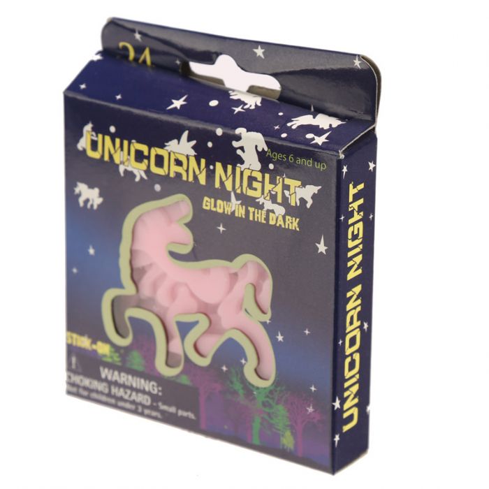 Caixa azul com unicórnio cor-de-rosa que brilha no escuro e texto 'UNICORN NIGHT'