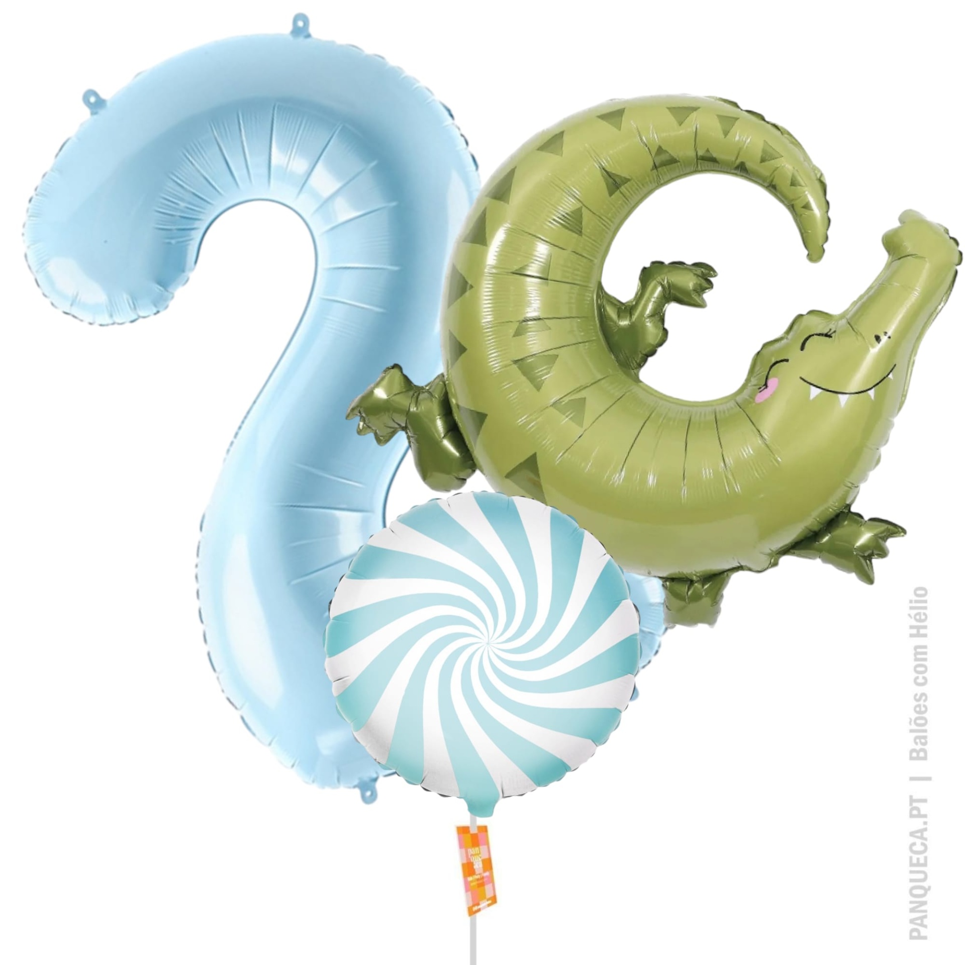 Balões número 2, crocodilo verde e redondo azul e branco