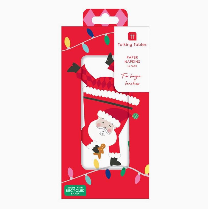 Pack de 16 guardanapos com padrão de Pai Natal e embalagem vermelha com luzes coloridas