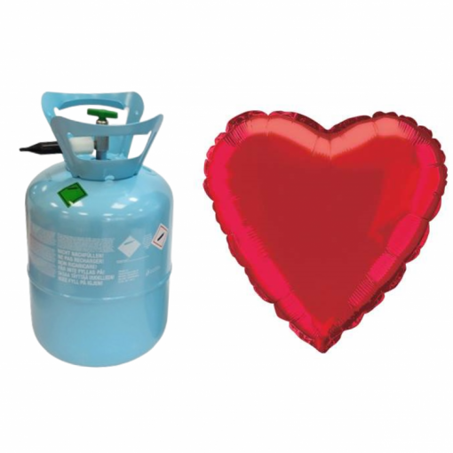 Botijão de gás azul e balão vermelho em forma de coração