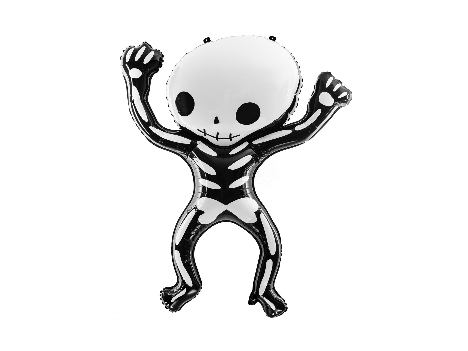 Balão decorativo em forma de esqueleto preto e branco com cabeça grande