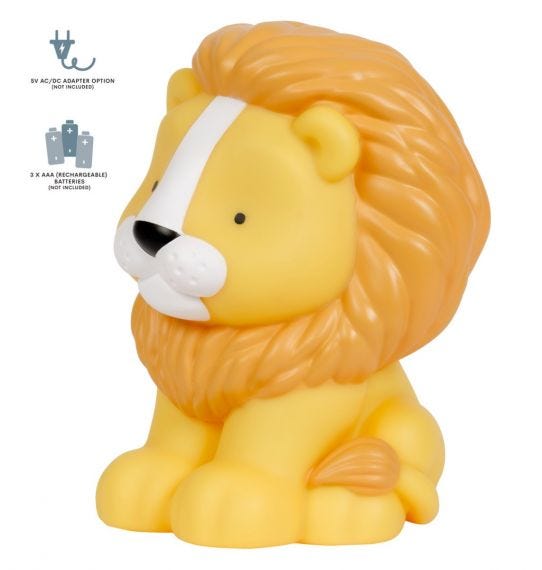 Figura de leão amarelo de plástico com crina laranja e focinho branco
