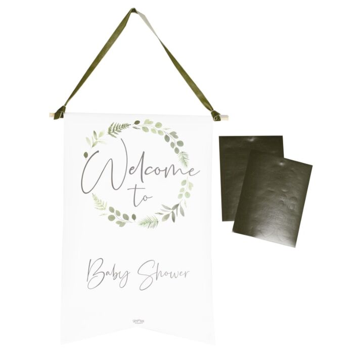 Banner branco para baby shower com texto e folhas verdes, com suporte para pendurar