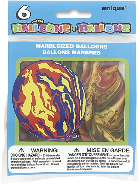 Pacote azul com 6 balões marmoreados coloridos e texto de aviso em inglês e francês