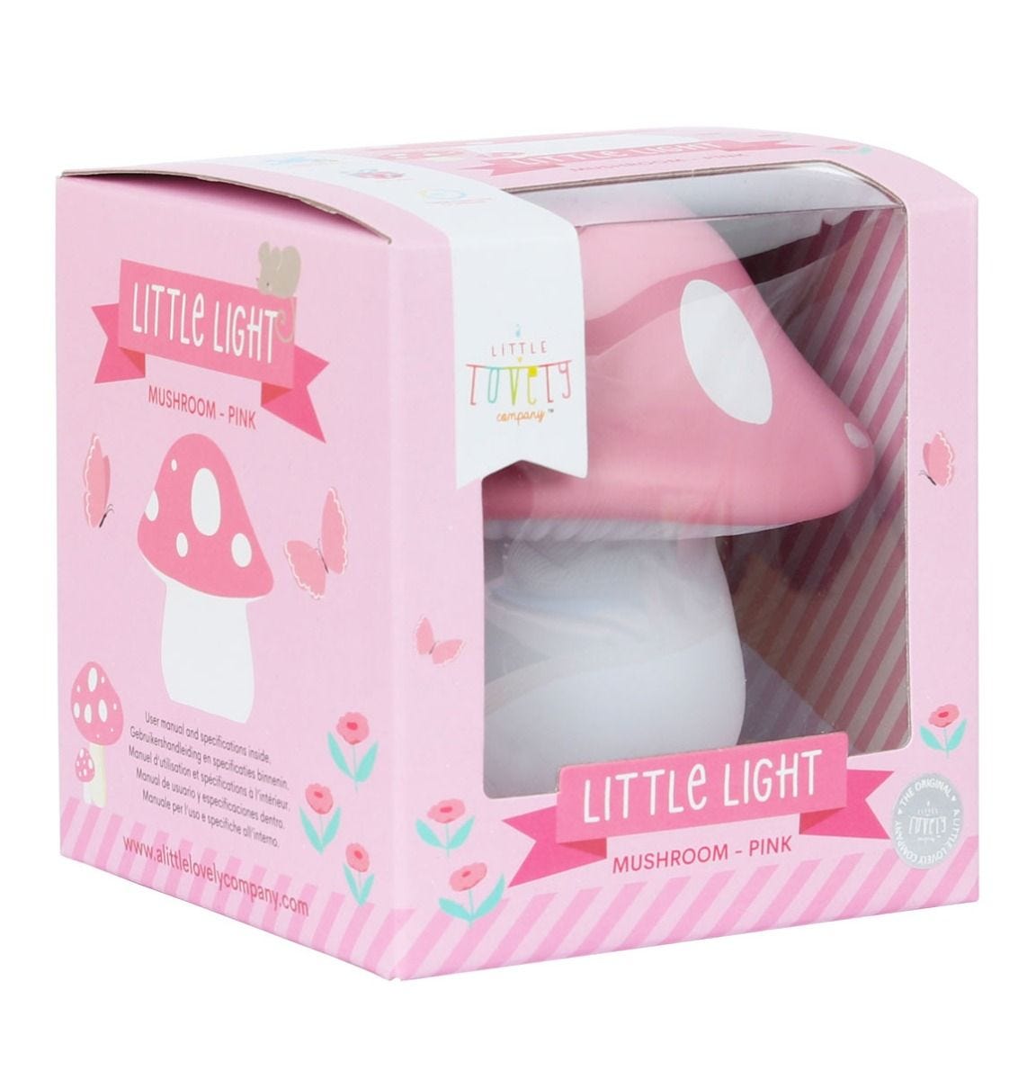 Pequena luz de cogumelo cor-de-rosa em embalagem rosa com texto LITTLE LIGHT