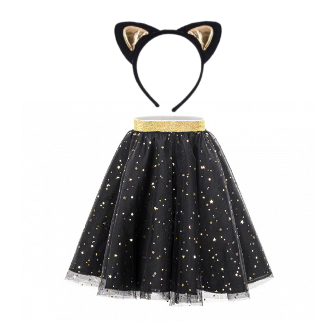 Conjunto infantil saia preta com estrelas douradas e tiara de orelhas de gato