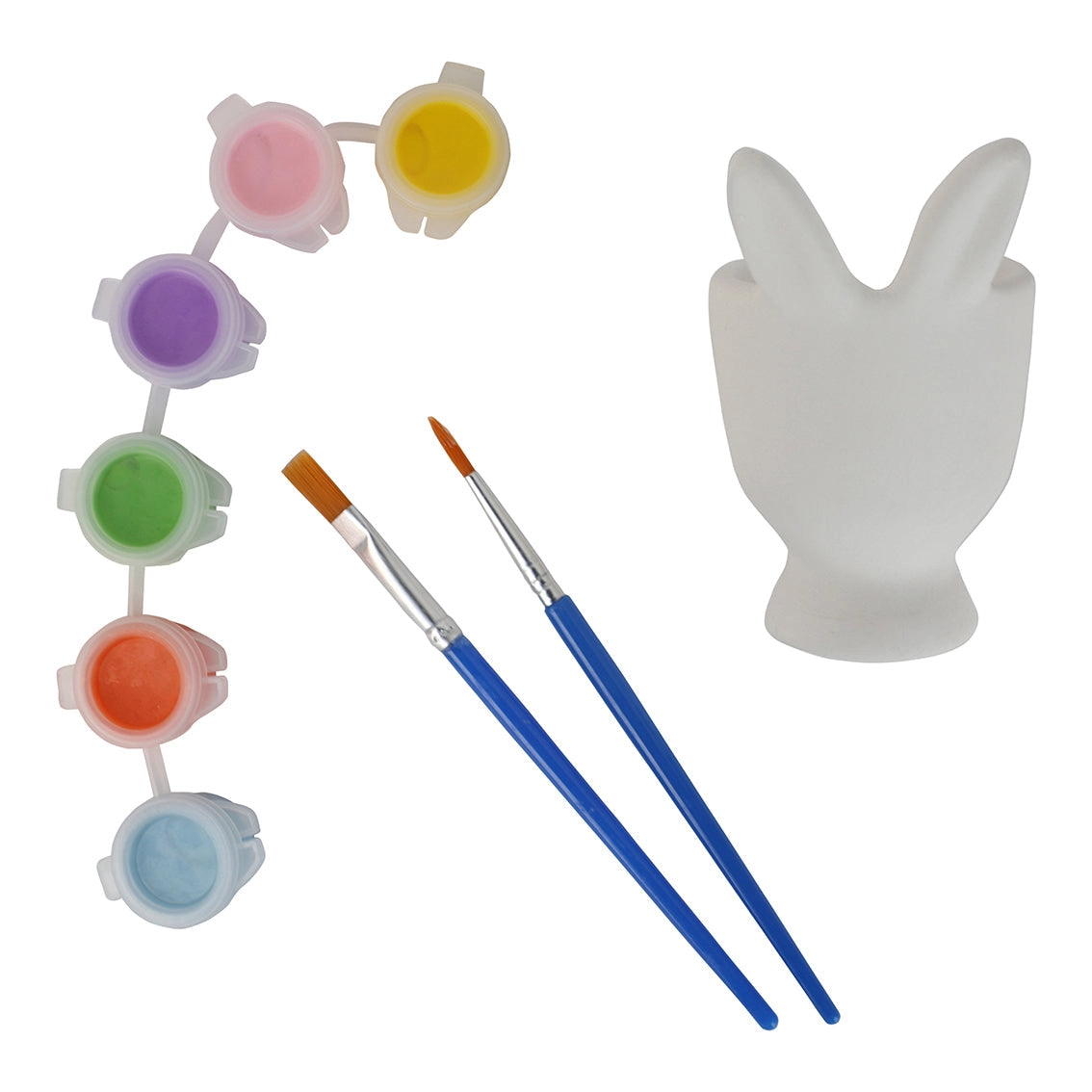 Conjunto de tintas coloridas, pincéis e vaso cerâmico forma coelho