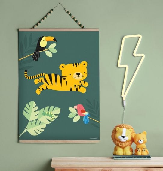 Banner decorativo com desenhos de animais e luz de néon de raio