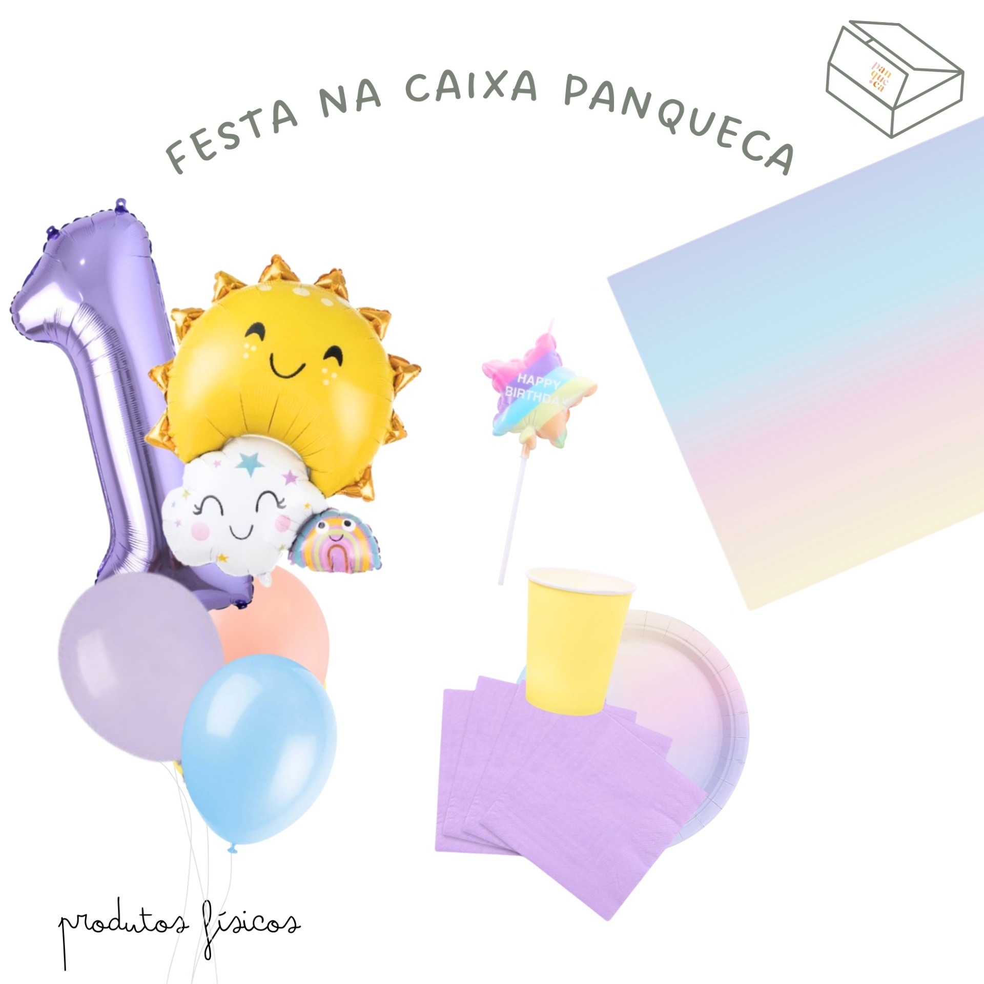 Conjunto para festa com balões coloridos, copo amarelo, guardanapos lilás e prato pastel