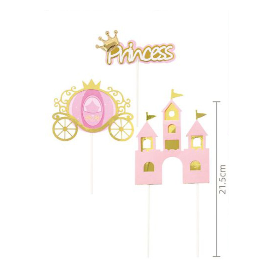 Toppers para bolos rosa e dourados com tema de princesa e castelo