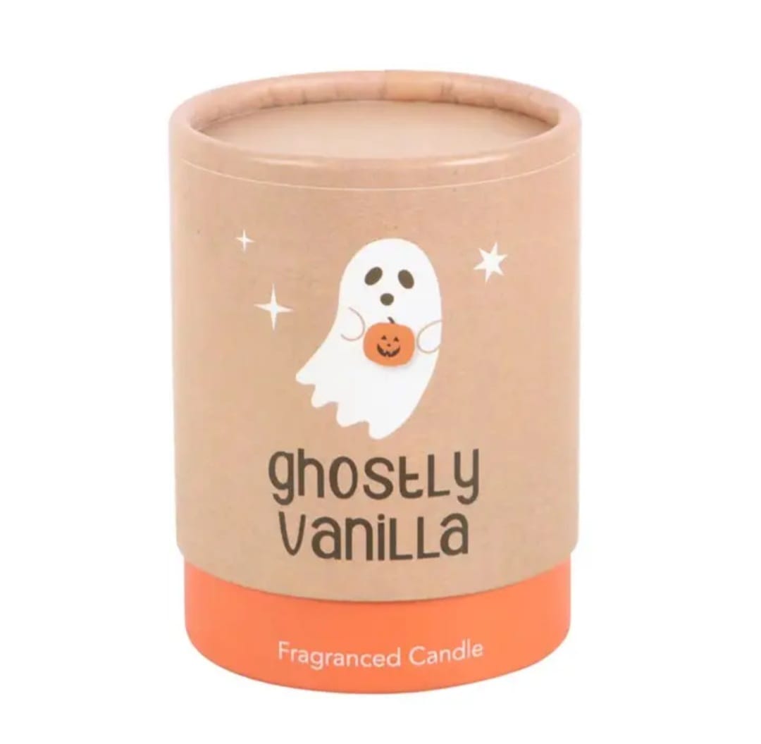 Embalagem de vela perfumada ghostly vanilla com desenho de fantasma e abóbora
