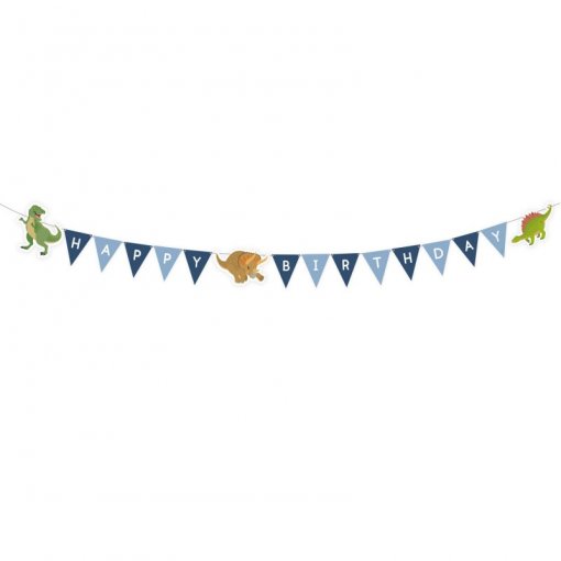 Cordão decorativo azul e branco com letras HAPPY BIRTHDAY e dinossauros