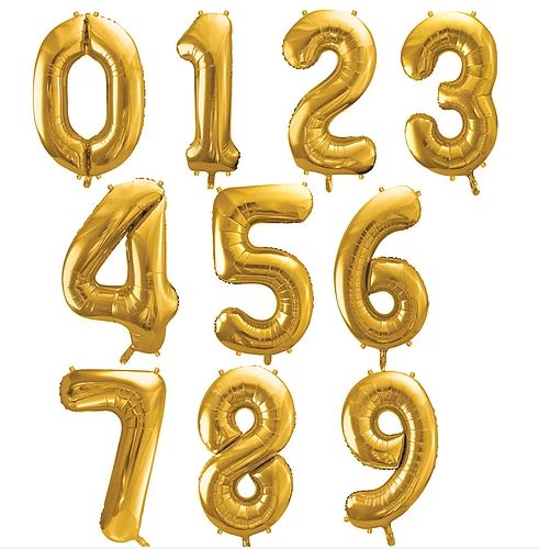 Balões dourados em formato de números de 0 a 9