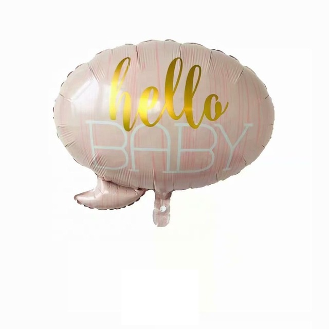 Balão metálico rosa com texto 'hello BABY'