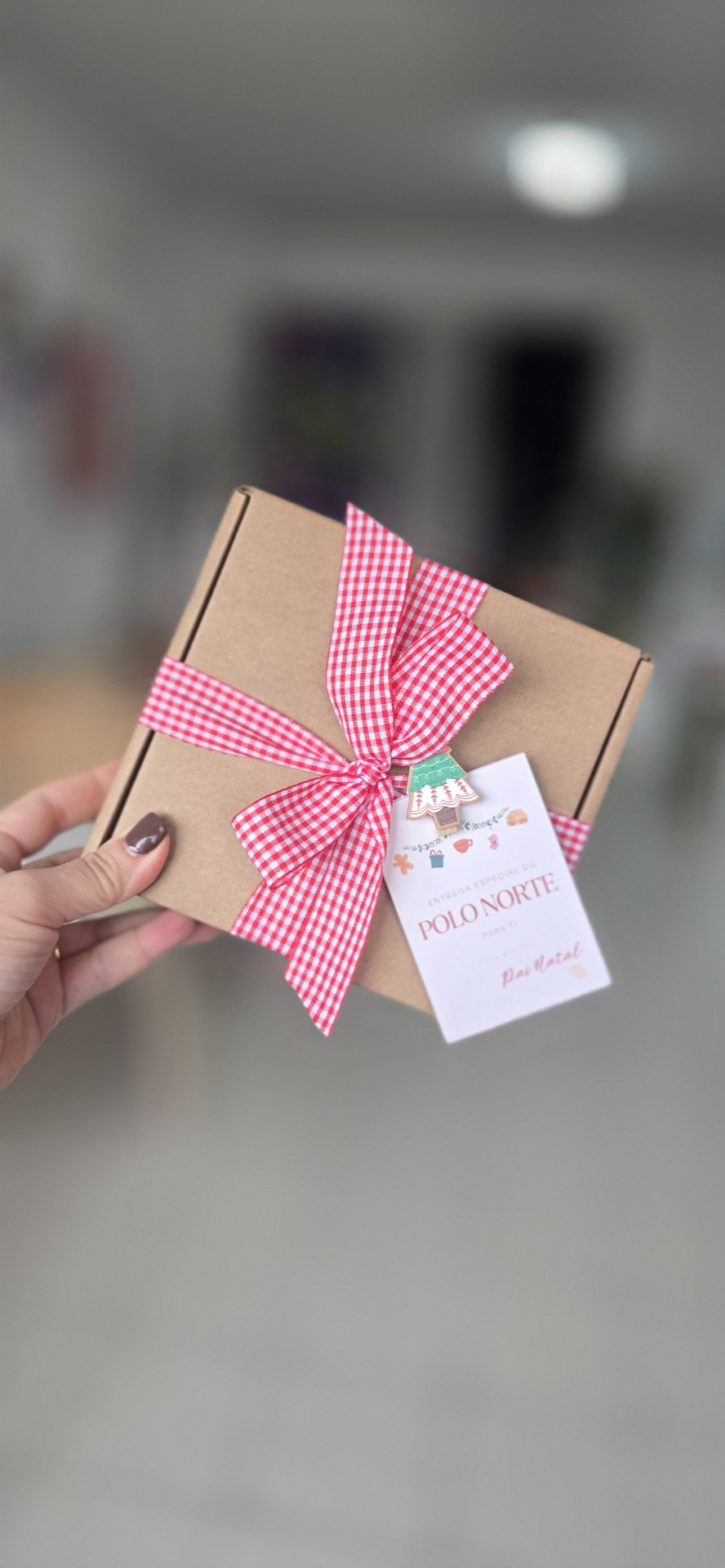 Caixa de papelão com fita vermelha aos quadrados e cartão de Natal