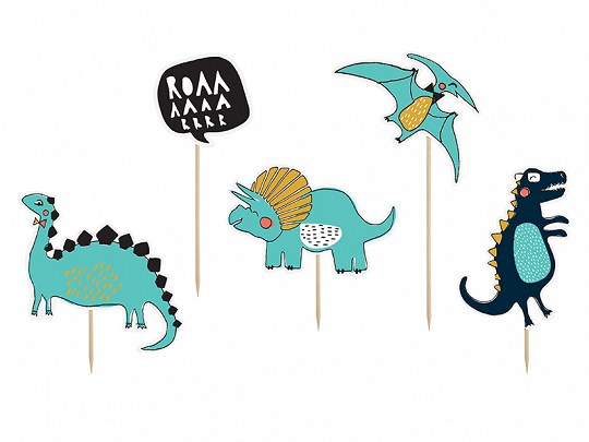 Toppers de bolo com desenhos de dinossauros e texto ROAR.