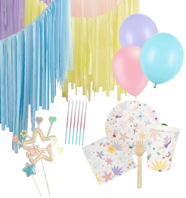 Conjunto de decoração para festa com franjas coloridas, balões, velas, palitos decorativos e louça descartável floral.