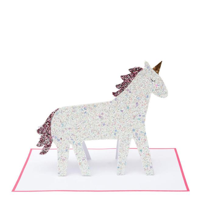 Cartão pop-up unicórnio branco com glitter e detalhes cor-de-rosa e dourado