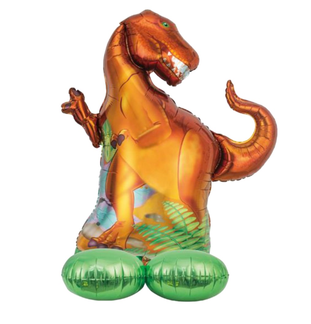 Balão metálico laranja em forma de dinossauro T-Rex com base verde