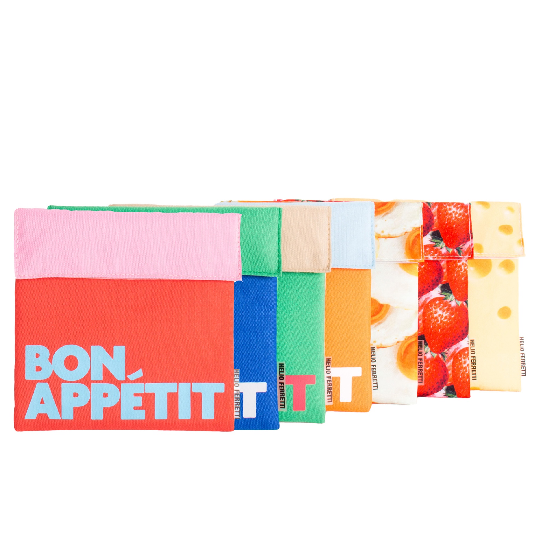 Sete bolsas pequenas coloridas e estampadas com texto e etiqueta