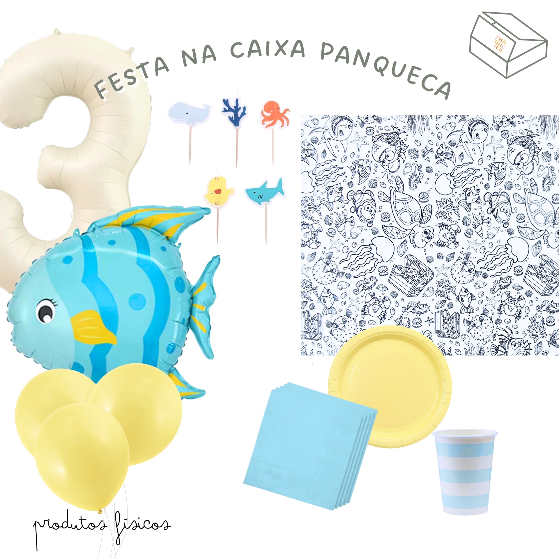 Decoração de festa com balões coloridos e acessórios com temática marinha.