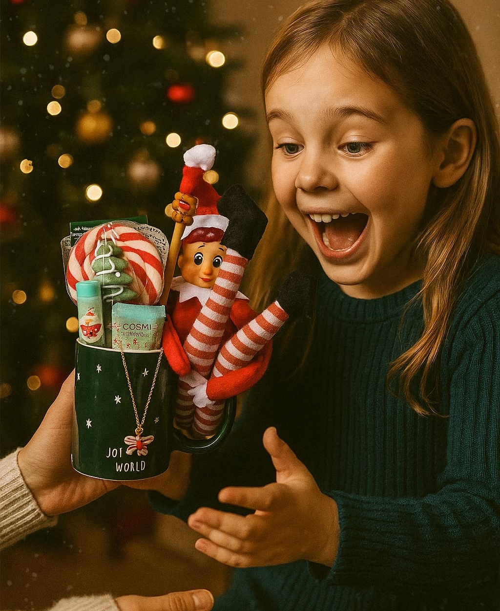 Caneca verde com itens de Natal e criança feliz
