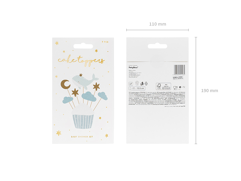 Cake toppers em embalagem branca com desenhos de nuvens, lua e estrelas.