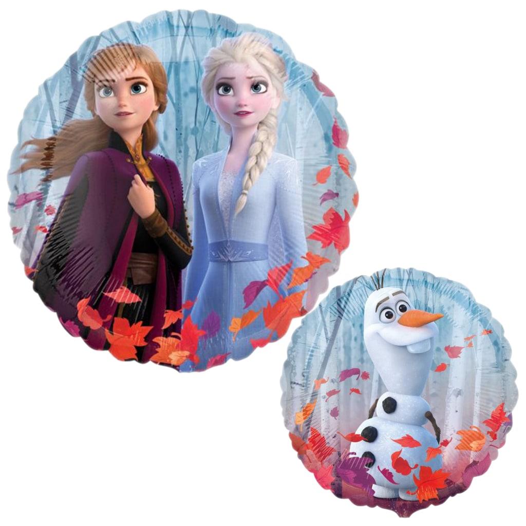 Dois balões redondos metalizados com personagens do filme Frozen e folhas de outono