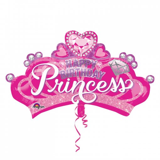 Tiara rosa com texto 'HAPPY BIRTHDAY Princess' e desenhos de joias