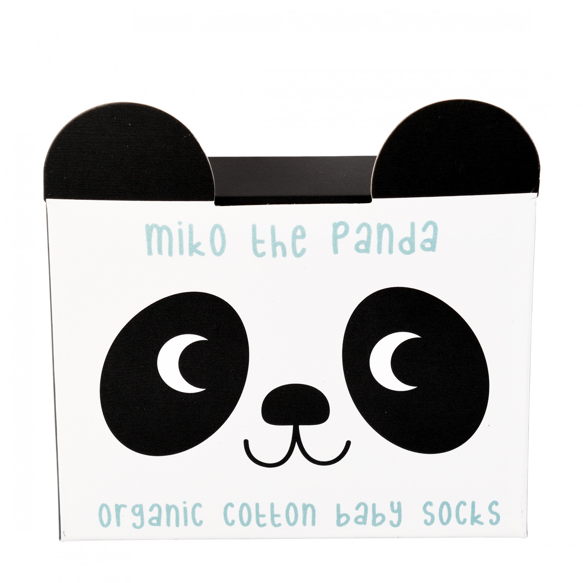 Caixa branca com rosto de panda e texto miko the panda e organic cotton baby socks