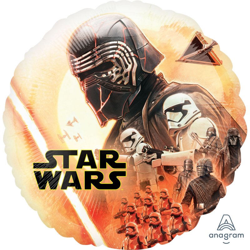 Balão redondo decorativo com imagem de Star Wars em tons de laranja e preto