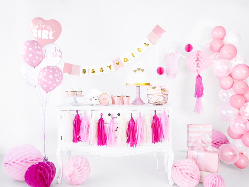 Decoração festa bebé menina com balões e faixa BABY GIRL em tons de rosa