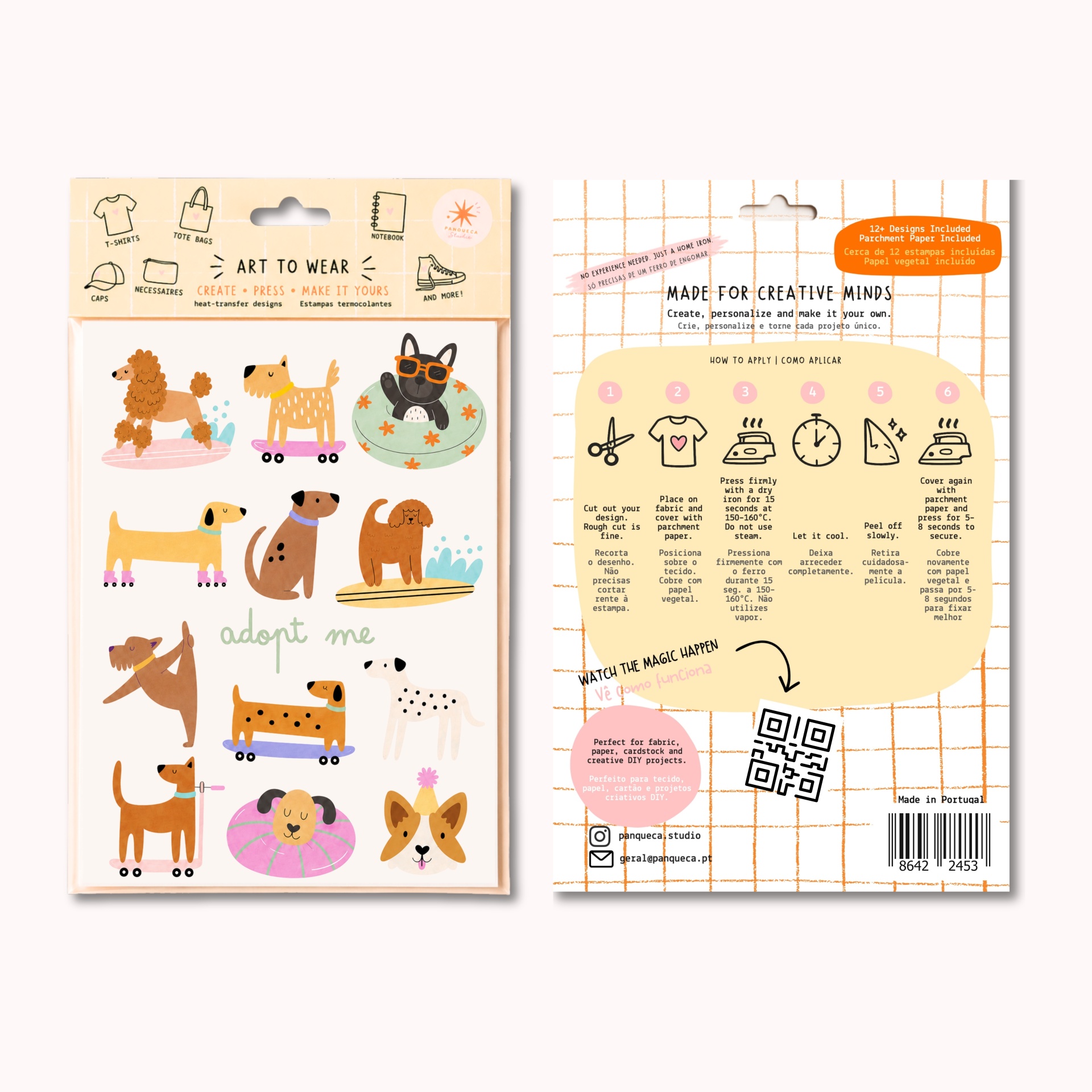 Embalaem de estampas termocolantes com desenhos de cães e instruções de aplicação.