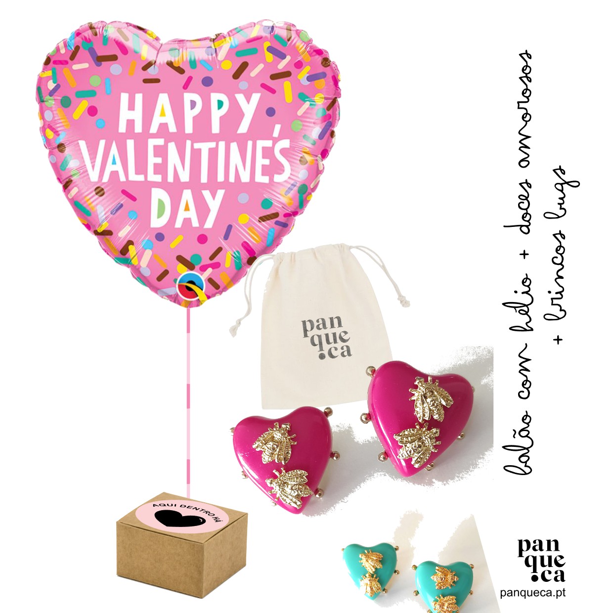 Balão coração rosa com texto, caixas coração com detalhes, saco de pano e caixa pequena