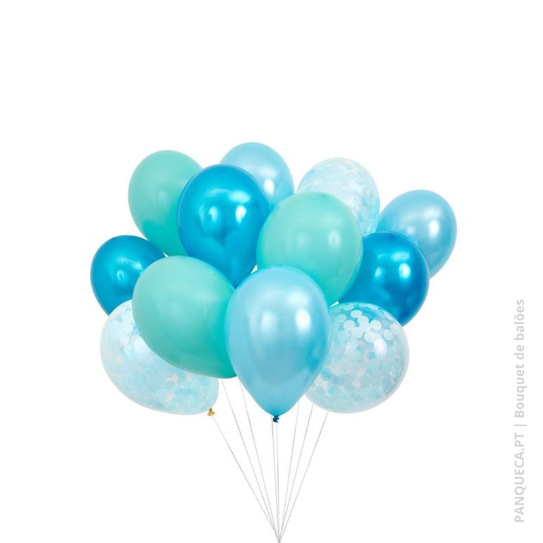 Bouquet de balões azuis, verdes e transparentes com confetis