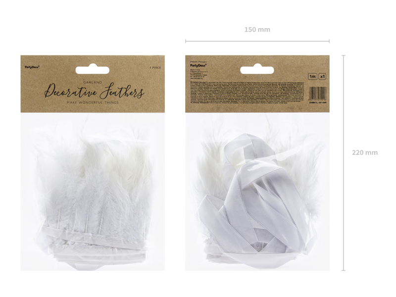 Embalagens com penas brancas decorativas e aba de papel castanho com texto Dearstan Feathers