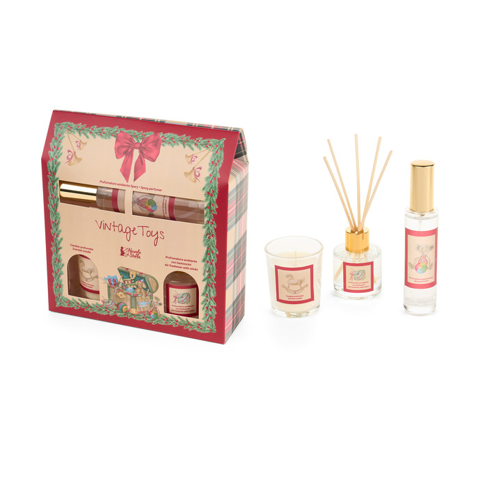 Conjunto de produtos para ambientação com vela, difusor e perfume com embalagem vermelha decorada