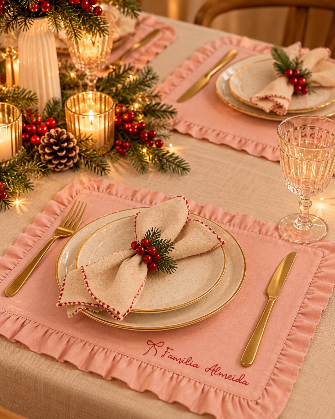 Mesa posta com louça cerâmica bege e dourada, guardanapo bordado, conjunto de talheres dourados, copo de vidro e placa rosa com bordado Familia Almeida em ambiente decorado para Natal.