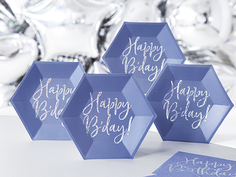 Conjunto de quatro pratos hexagonais lavanda com texto prateado Happy B-day