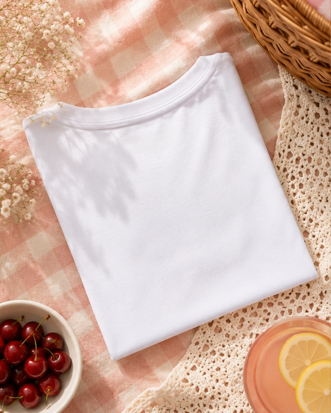 T-shirt branca dobrada sobre pano xadrez rosa com flores, cerejas e copo de bebida com limão
