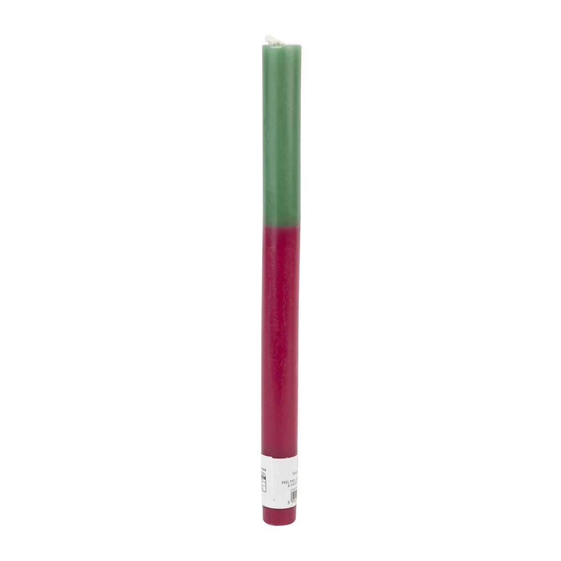 Vela cilíndrica bicolor vermelha e verde com etiqueta branca