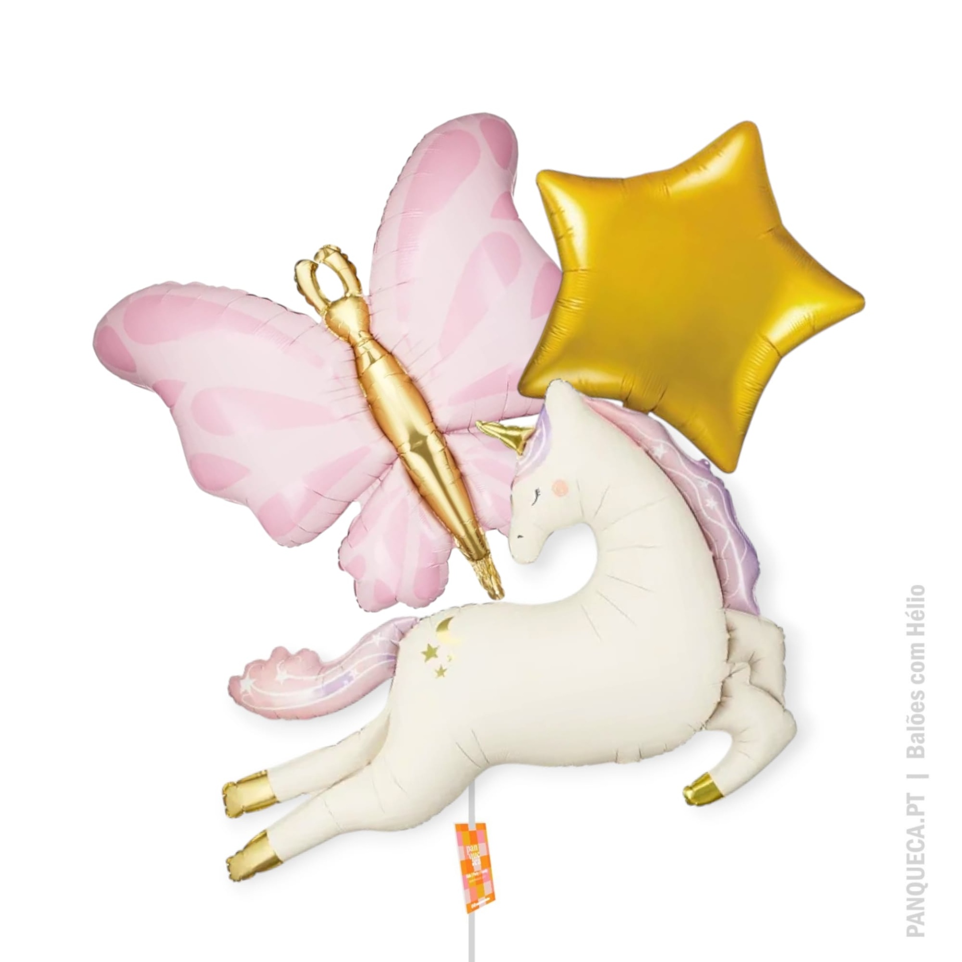 Balões metálicos em forma de borboleta rosa, estrela dourada e unicórnio branco
