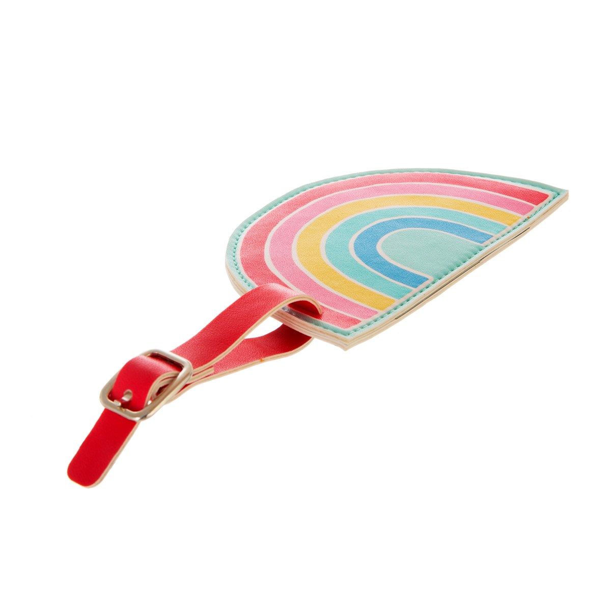 Etiqueta de bagagem com padrão de arco-íris e correia vermelha